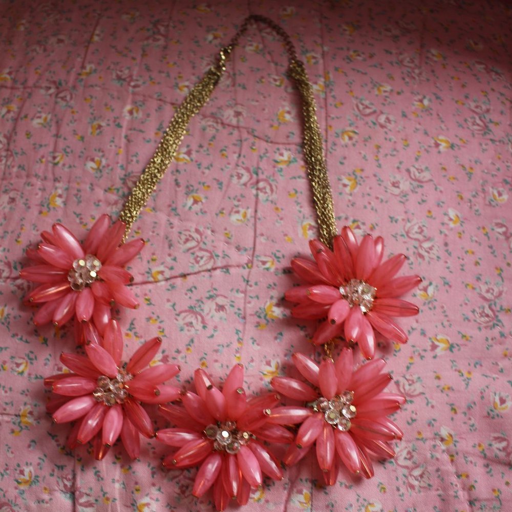 Vintage Floral Bib Necklace with Gold Metal Chain Summer Fun